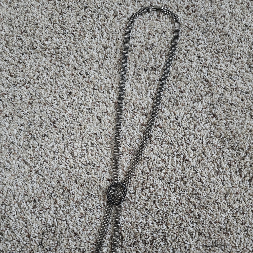 Elegant Silver Mesh Lariat Necklace with Rhinestone Detail